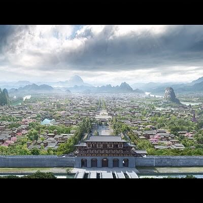 ArtStation - Ancient Chinese city Ancient Chinese City, Historical Scenery, World Concept Art, Chinese Scenery, Minecraft Japanese, Shang Dynasty, Chinese City, Ancient Chinese Architecture, Japanese City