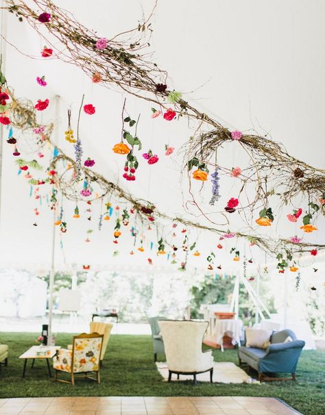 Colorful decor at this Virginia wedding from @offbeatbride Diy Wedding Garland, Flowers Hanging, Boda Diy, Wedding Garland, Eclectic Wedding, Boda Mexicana, Offbeat Bride, Wildflower Wedding, Garland Wedding