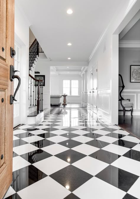 Black And White Entryway, Modern Foyer Design, Kota Stone Flooring, Foyer Design Ideas, Black And White Flooring, White Entryway, Entryway Tile, Checkered Floor, Modern Foyer