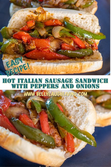 Hot Italian Sausage with Peppers and Onions Sausage And Pepper Grinders, Italian Sausage Dog Recipes, Italian Sausage With Peppers And Onions Easy Recipes, Hot Sausage Peppers And Onions, Hot Dogs With Peppers And Onions, Hot Sausage Sandwich Recipes, Sausage Dogs Recipes, Sausage Peppers And Onions In Oven, Sausage Peppers And Onions Crockpot