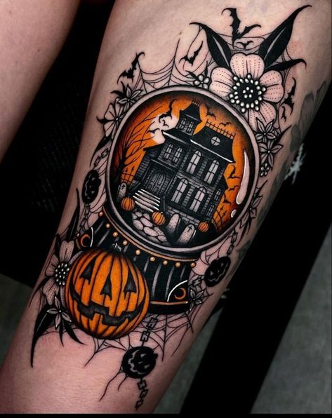 Haunted House Tattoo, Fall Tattoos, Cute Halloween Tattoos, Halloween Tattoo Ideas, Halloween Tattoos Sleeve, Globe Tattoos, Backpiece Tattoo, Lantern Tattoo, Pumpkin Tattoo