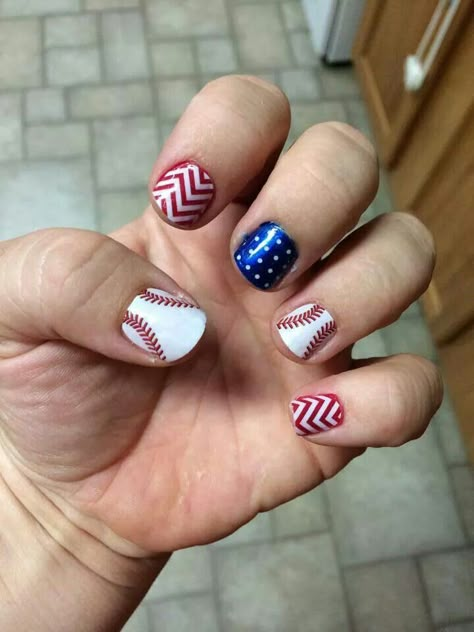 Baseball/chevron/polka dot (red,white & blue) Blue Baseball Nails, Baseball Nail Designs, Sports Nail Art, Baseball Nails, Sports Nails, Patriotic Nails, Opi Nail Colors, Seasonal Nails, July Nails