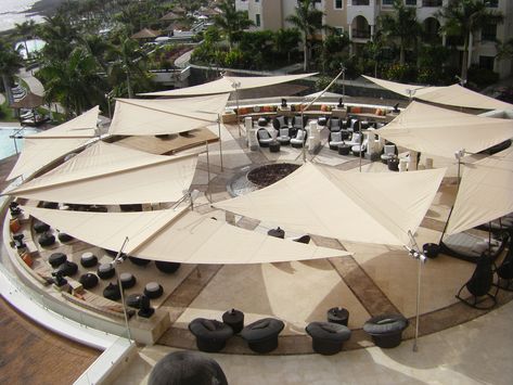 SunSquare SunSail: a circular multiple installation in the Mediterranean. 9 units at the Palcio de Isora offer guests generous sun protection, as well as providing a stunning backdrop for photos and films. Pergola Pictures, Tensile Structures, Genius Loci, Tent Design, Sun Sail Shade, Covered Pergola, Patio Roof, Pergola Kits, Pergola Plans