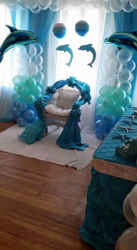 Chair of honor at a dolphin baby shower party! See more party planning ideas at CatchMyParty.com! Dolphin Birthday Parties, Dolphin Party, Ocean Baby Showers, Sea Party Ideas, Sea Baby Shower, Baby Shower Party Ideas, Mermaid Baby Showers, Mermaid Parties, Shower Party Ideas