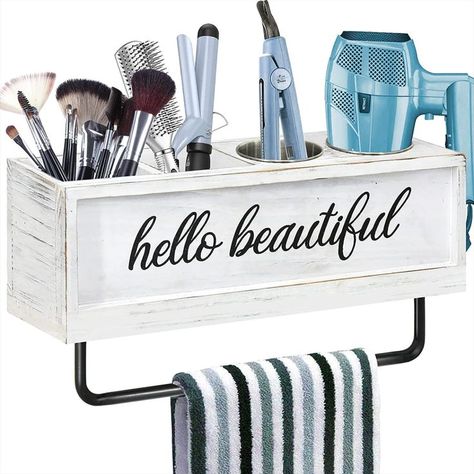 Hair Tools and Styling Organizer with Towel Bar, Farmhouse Beauty Hair Appliance Holder for Flat Iron, Curling Wand, Towel Rack #beautytools Blow Dryer Holder, Hair Tool Organizer, Hair Appliances, Hair Tool, Hair Dryer Holder, Bathroom Tray, Metal Cups, Body Lotions, Hot Tools