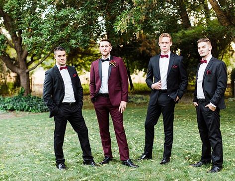 Elegant Burgundy Wedding Inspiration Burgundy Groom Suit, Burgundy Groom, Black Groomsmen, Suit Inspiration, Wedding Groomsmen Attire, Groom Wedding Attire, Halter Wedding Dress, Maroon Wedding, Groom And Groomsmen Attire