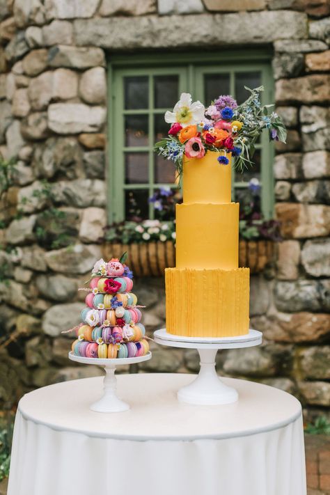 Bright Wedding Cakes, Bold Wedding Cake, Bright Wildflower Wedding, Colorful Garden Wedding, Layered Table, Pressed Florals, Walton House, Colorful Wedding Cakes, Lantern Decor Wedding