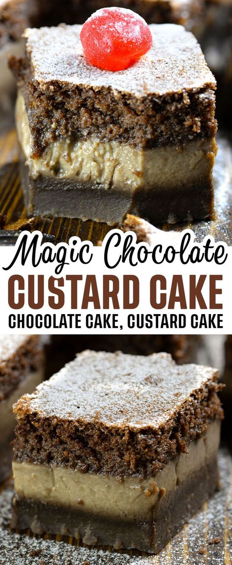 It is pretty simple as it contains the basic ingredients for any cake: eggs, sugar, vanilla extract, milk,  butter, flour and cocoa powder. Vanilla Magic Custard Cake Recipe, Magic Chocolate Custard Cake, Chocolate Magic Cake Recipe, Fall Magic Cake, Chocolate Cake With Custard Filling, Chocolate Magic Cake, Magic Vanilla Cake, Magic Layer Cake, Chocolate Custard Cake