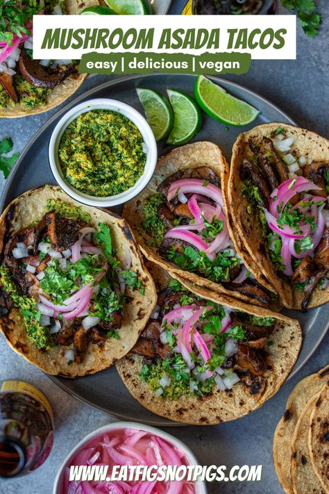 These Mushroom Asada Tacos are super easy, but pack BIG flavor! Savory, juicy marinated mushrooms are paired with an herbaceous pistachio gremolata, and simply topped with fresh and pickled onions and cilantro – proving that when combined just right, uncomplicated ingredients can make for an outstanding and delicious dish! Easy | Delicious | Vegan Mushroom Tacos, Asada Tacos, Vegan Mexican Recipes, Marinated Mushrooms, Summertime Recipes, Vegetarian Tacos, Vegan Tacos, Taco Recipes, Portobello