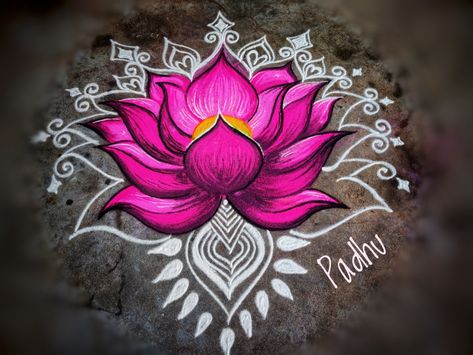 Lotus kolam rangoli Lotus Rangoli Designs Diwali, Rangoli Designs With Lotus, Lotus Rangoli Designs Latest, Lotus Design Rangoli, Lotus Kolam Rangoli Designs, Lotus Flower Rangoli Design, Lotus Rangoli With Dots, Lotus Rangoli For Diwali, Friday Rangoli Designs