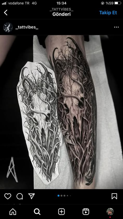 Ram Skeleton Tattoo, Creepy Blackwork Tattoo, Y2k Tattoos, Dark Tattoos For Men, Cool Nature Tattoos, Nature Tattoo Ideas, Dark Tattoos, Cool Nature, Funky Tattoos