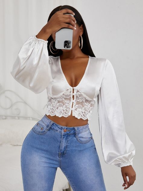 White Sexy  Long Sleeve Satin Plain Shirt  Non-Stretch Spring/Summer Women Tops, Blouses & Tee Fishnet Top, White Lace Blouse, Backless Crop Top, Spring Fashion Outfits, Spring Shirts, Lace Fashion, Women Shirts Blouse, Summer Fashion Outfits, Lantern Sleeve