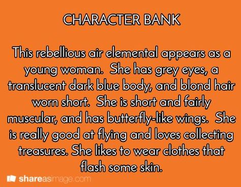 character bank Comic Prompts, Air Elemental, Writers Inspiration, Character Bank, Character Prompts, Writing Dialogue Prompts, Creative Writing Tips, Writing Lists, Dialogue Prompts