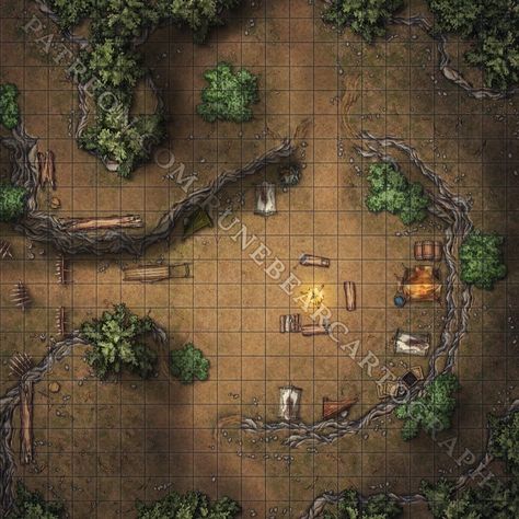 Bandit ambush camp battlemap for your dungeons and dragons game! This map is available on my patreon in day & night versions. Enjoy! . . . . #dnd #dnd5e #battlemap #battlemaps #fantasymaps #cartography #dungeonmaster #roll20 #ttrpg #dndmaps Camp Battlemap, Dungeons And Dragons Game, D D Maps, Dungeon Master, Day Night, Dungeons And Dragons, Map, Quick Saves