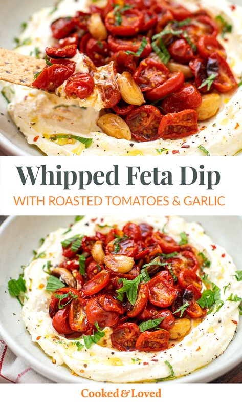 Flavours explode in this whipped feta dip with roasted cherry tomatoes and garlic. Served with crispbreads, crackers, sourdough bread, or whatever low-carb or gluten-free alternative you have, this amazing appetizer will have everyone talking! Great for the holidays, as part of a mezze platter or as a dinner party starter. via @irena_macri Hearty Appetizers, Tomato Appetizers, Dinner Party Starters, Whipped Feta Dip, Mezze Platter, Gluten Free Appetizers, Feta Recipes, Feta Dip, Queso Feta