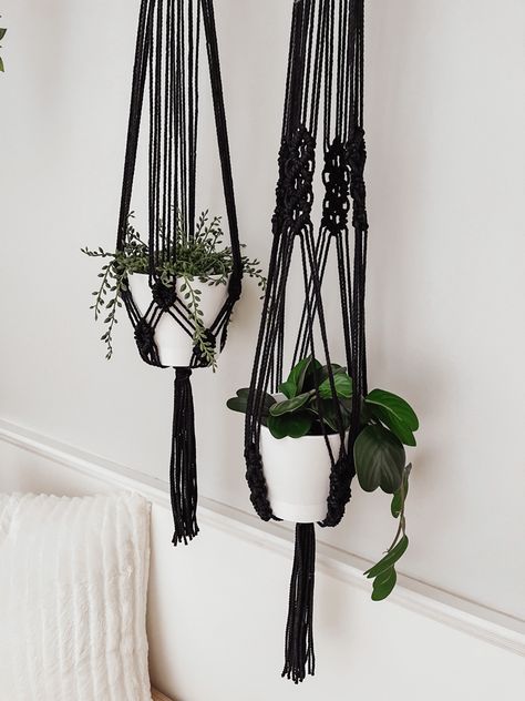 Black macrame knotted plant hangers. Such beautiful detail that pops on a white plant pot Black Macrame Plant Hanger, Black And White Macrame, Plant Hanger Macrame, Black Macrame, White Pot, Macrame Hanger, Macrame Plant Hangers, Plant Hangers, Macrame Patterns