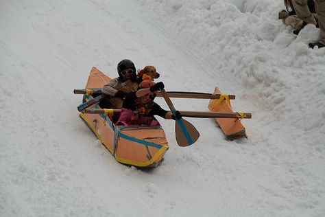 Cardboard outrigger sled. Of course. Cardboard Sled Ideas, Frozen Sleigh Wagon Diy, Cardboard Sled Ideas Diy, Cardboard Sled, Cardboard Box Sled Ideas, Toddler Sled, Ice Fishing Sled, Sleds For Kids, Cardboard Boat