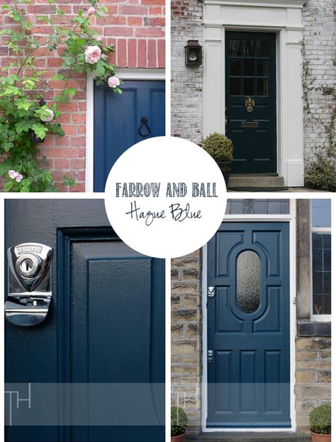 Farrow And Ball Hague Blue Front Door, Hague Blue Exterior House, Hague Blue Front Door Farrow Ball, Hague Blue Front Door, Farrow And Ball Front Door Colours, Black Front Door Interior, Front Door Farrow And Ball, Exterior Shutter Colors, Color Guru