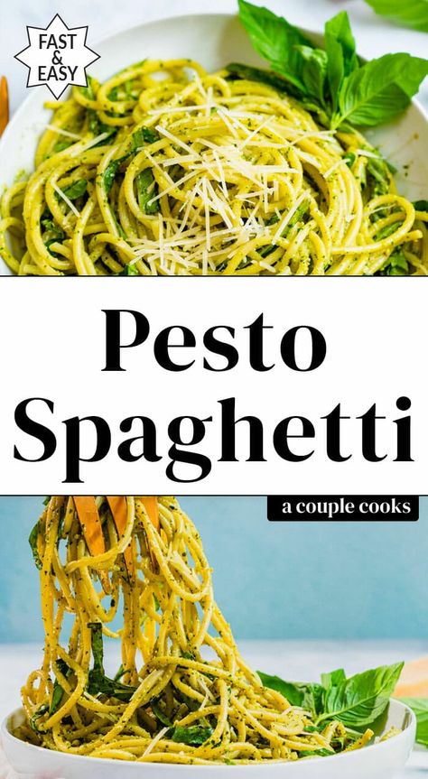 Here's the trick to getting the creamiest pesto spaghetti evenly covered in silky sauce! Make it with homemade or purchased basil pesto for a fast dinner. #spaghetti #pesto #pestospaghetti #spaghettipesto #pestorecipe #basilrecipe #basil #easydinner #vegetariandinner #fastdinner Spaghetti Pesto, Dinner Spaghetti, Pesto Spaghetti, College Recipes, Spagetti Recipe, Pasta Bakes, Salad Dressing Recipes Healthy, Pesto Cheese, Quick Pasta Recipes