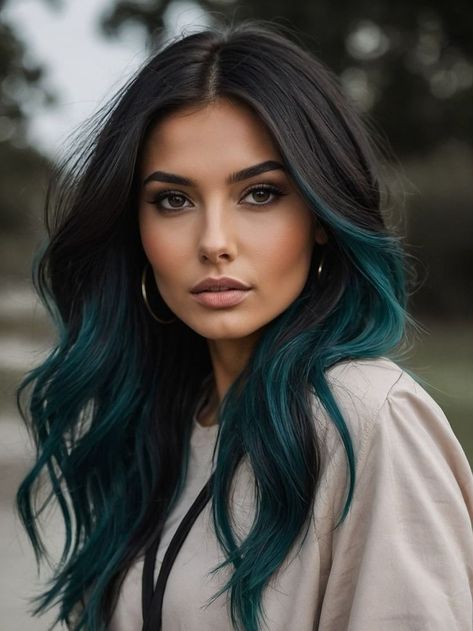 Medium Hair Colors For Women, Dark Hair With Some Color, Fashion Colors On Dark Hair, Green Balayage On Black Hair, Dual Color Hair Ideas, Subtle Rainbow Highlights, Women’s Long Length Hair Cuts, Deep Teal Hair Color, Blue Teal Hair Ombre