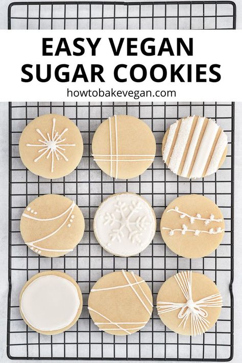 These vegan sugar cookies are a timeless classic guaranteed to be enjoyed by all. The flat, no spread shapes are perfect for decorating with vegan royal icing. | howtobakevegan.com | holiday | christmas | wedding | gifts Vegan Sugar Cookie Recipe, Dairy Free Sugar Cookies, Vegan Christmas Cookies Recipes, Vegan Royal Icing, Vegan Holiday Cookies, Easy Vegan Cookies, Sugar Cookies With Royal Icing, Vegan Christmas Cookies, Vegan Sugar Cookies