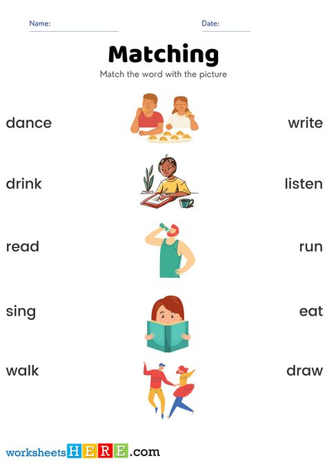 Match Action Verbs Pictures and Names Activity PDF Worksheets For Students - WorksheetsHere.com Verbs Worksheet For Kindergarten, Action Words Worksheet, Learning Reading, Verbs List, Hindi Worksheets, Verb Worksheets, Name Activities, Action Verbs, The Sentence