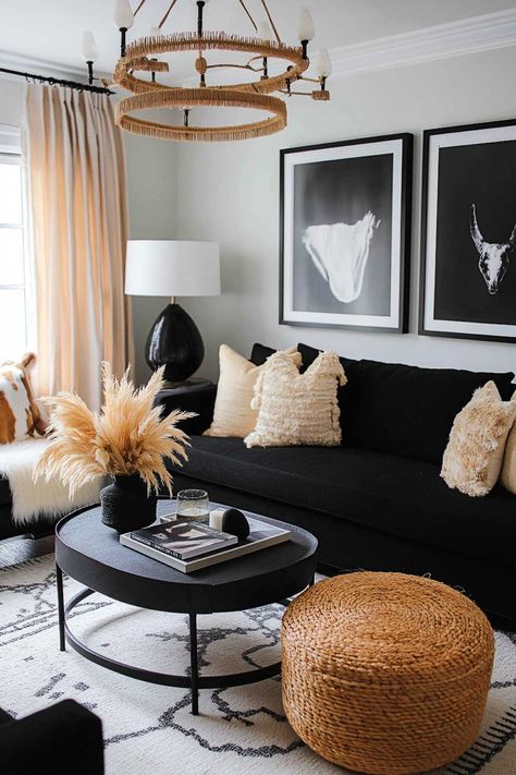 50+ Living Room Aesthetics With Black Couch Pillows For A Black Couch, Black Coffee Table Living Room Decor, Black Furniture Colorful Decor, Black Couch Living Room Decor Color Schemes, Black Couch Ideas, Living Room Designs Black Couch, Black Furniture Living Room Ideas, Black Cream Living Room, Black And Brown Living Room