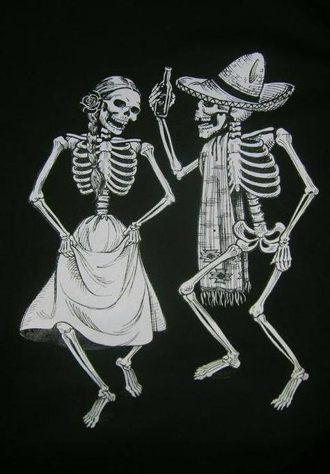 dancing skeletons tribute for my grandma. She loved music. Loved to sing. Dancing Tattoo, Mexican Skeleton, Skull Tee Shirt, Skeleton Dancing, Skeleton Dance, Skeleton Tattoos, Skeleton Art, Skull Tee, Mexican Culture