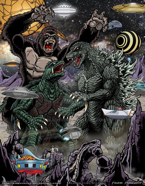 Kong Gamera Godzilla by kaijuverse on DeviantArt Giant Monster Movies, King Kong Vs Godzilla, Kong Godzilla, Godzilla Comics, Godzilla Wallpaper, All Godzilla Monsters, Japanese Monster, Kaiju Art, Cool Monsters