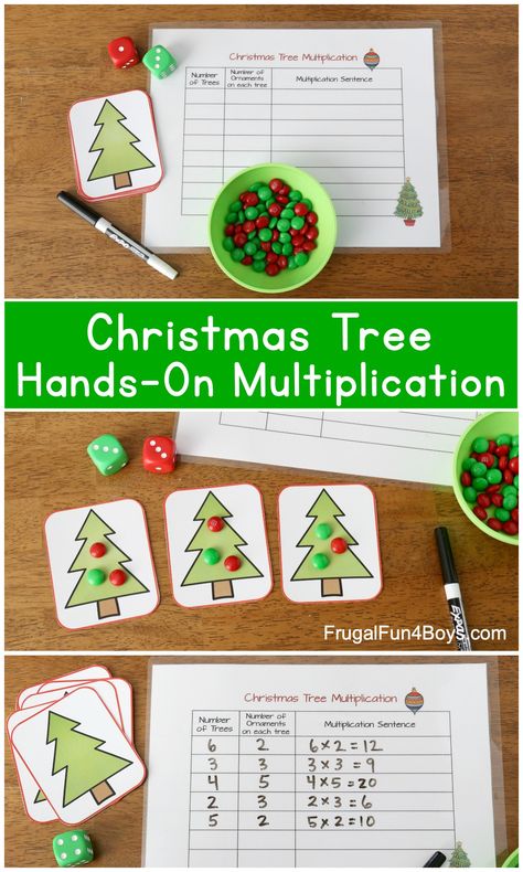 Christmas Tree Hands-On Multiplication Activity - Roll the dice, and count out how many trees your roll. Then roll again and that number tells you how many ornaments (candies) to put on each tree. Print the trees and recording sheet from the post! Christmas Multiplication Craft, 3rd Grade Christmas Activities, Christmas Multiplication Activities, December Homeschool, Third Grade Christmas, Multiplication Activity, Christmas Maths, Christmas Multiplication, Christmas Homeschool