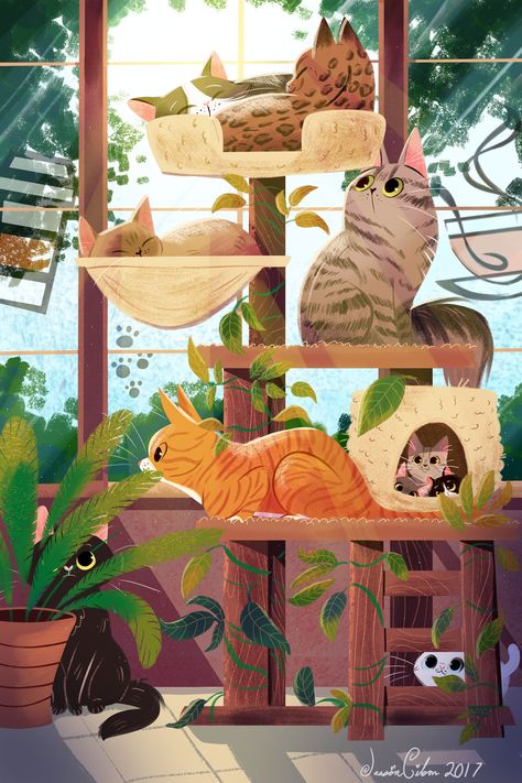 Cat Tree Paradise on Behance Lemonade Illustration, Art Coquillage, Picture Books Illustration, Cafe Art, Book Illustration Art, Illustration Agency, Children Book, Arte Inspo, Cats Illustration