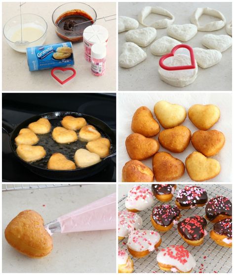 Valentines Party Food, Biscuit Donuts, Recipe Cards Printable Free, Diy Donuts, Easy Valentines, Canned Biscuits, Valentine Cake, Delicious Donuts, Bread Recipes Sweet