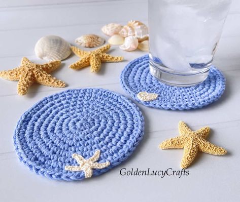 Starfish Coasters Crochet, Crochet Beach Coasters Free Pattern, Seashell Coasters Crochet, Crochet Coastal Coasters Free Pattern, Crochet Beach Coasters, Crochet Beach Theme, Crochet Summer Coasters, Coastal Crochet Patterns, Beach Themed Crochet Projects