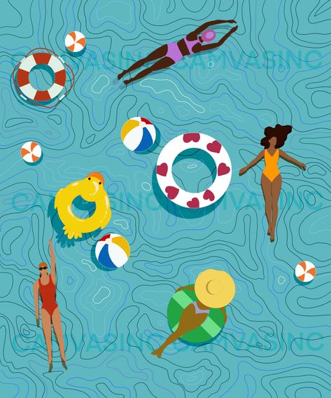 Pool Floats Drawing, Pool Floatie Drawing, Bujo Summer Theme, Pool Float Drawing, Pool Party Illustration, Swimming Pool Illustration, Pool Illustration, Pool Drawing, Swimming Pool Art