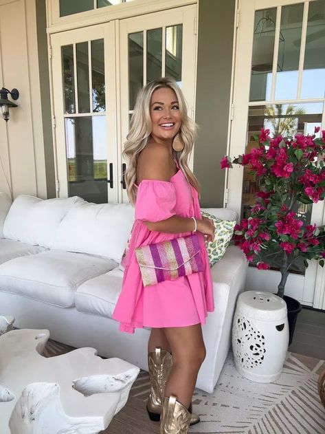 Pink Dress With Cowboy Boots, Pink Cowboy Boots Outfit, Cowboy Booties Outfit, Cowboy Boot Outfits Summer, Summer Cowboy Boots Outfit, Cowgirl Dresses With Boots, Cowboy Boots Outfit Summer, Mini Flowy Dress, White Poplin Dress