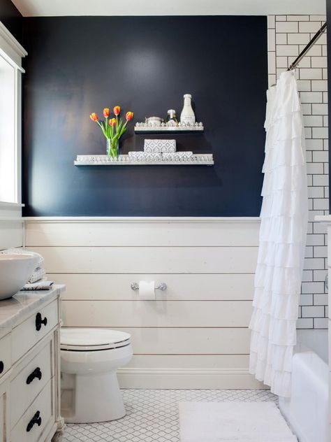 Fixer Upper | The Takeaways - A Thoughtful Place Horizontal Shiplap, Farmhouse Bathroom Decor Ideas, Half Walls, Bathroom Closet, Bathroom Remodel Tile, Room Shelves, Subway Tiles, Trendy Bathroom, Farmhouse Bathroom Decor