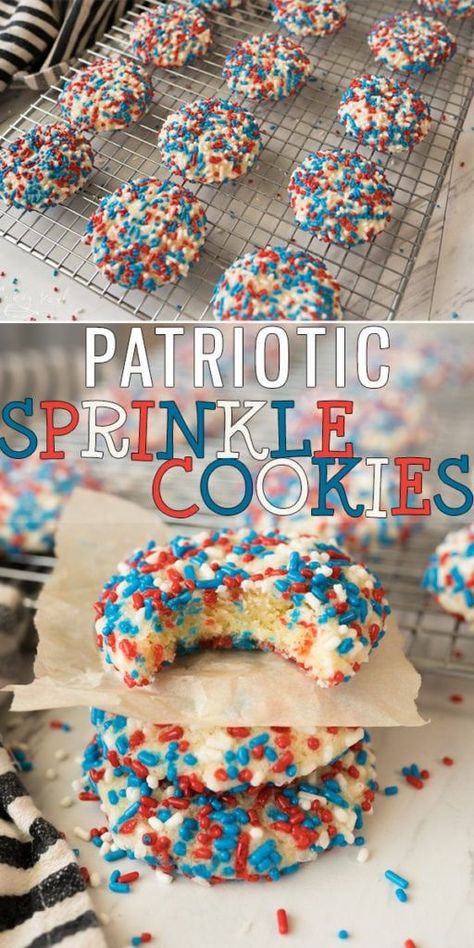 Patriotic Sprinkle Cookies are a fun and festive way to celebrate the 4th of July, Memorial Day, Veteran's Day and all of the other patriotic holidays! These cookies are crazy easy to make and kids always love them! |Cooking with Karli| #fourthofjuly #patriotic #redwhiteandblue #dessert #cookies #sprinkles 4th Of July Sprinkle Cookies, Memorial Day Treats For Kids, Easy July 4th Desserts, Fourth Of July Cookies, 4th Of July Treats, Cookies Sprinkles, 4th Of July Cookies, Patriotic Recipes, Memorial Day Desserts