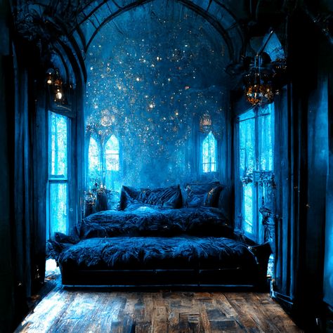 Blue gothic inspired bedroom with extra sparkle✨ Dark Ocean Decor, Blue Themed Bedroom, Goth Bedroom Ideas, Forest Bedroom, Royal Bedroom, Goth Bedroom, Gothic Bedroom, Fantasy Bedroom, Fantasy Rooms