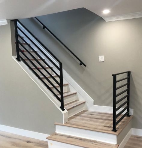 Short Railings For Stairs, Basement Stair Hand Railing Ideas, Basement Stairway Railing Ideas, Floor To Ceiling Railing, Basement Stair Railing Ideas Half Walls, Open Railing To Basement, Basement Railing Ideas, Indoor Banister Ideas, Step Railing Ideas Indoor