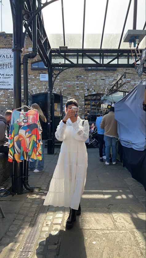 White dress, camden market, film camera, face hidden Market Outfit, Taken Film, Film Pics, Camden Market, Street Installation, Camden Markets, Instant Camera, Influencer, Snapchat