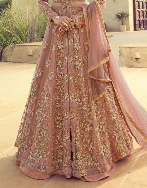 Lehenga Pants, Dusty Rose Fabric, Laser Cut Flowers, Mehendi Dresses, Badla Work, Wedding Anarkali, Flowers Motifs, Embroidered Suits, Wedding Dress Types