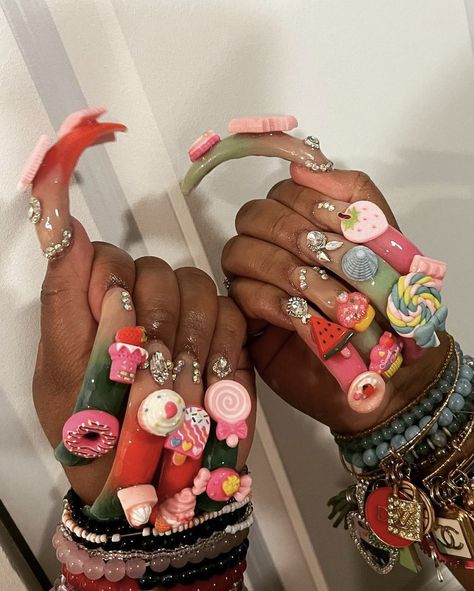 Slightly Curved Acrylic Nails, Long Junk Nails With Charms, Short Curved Nails, Long Curved Nails, Exotic Nails Acrylic, Curvy Nails, Detailed Nails, Nails Coffin Short, Really Long Nails