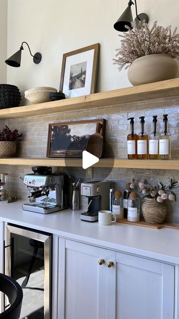 Coffee Station With Floating Shelves, Kitchen Floating Shelves Coffee Bar, Coffee Bar Floating Shelves Decor, Bookshelf Coffee Bar, Modern Coffee Bar, Rustic Floating Shelves Coffee Bar, Modern Farmhouse Coffee Bar Floating Shelves, Modern Coffee Bar Ideas, Coffee Bar Woth Floating Shelves