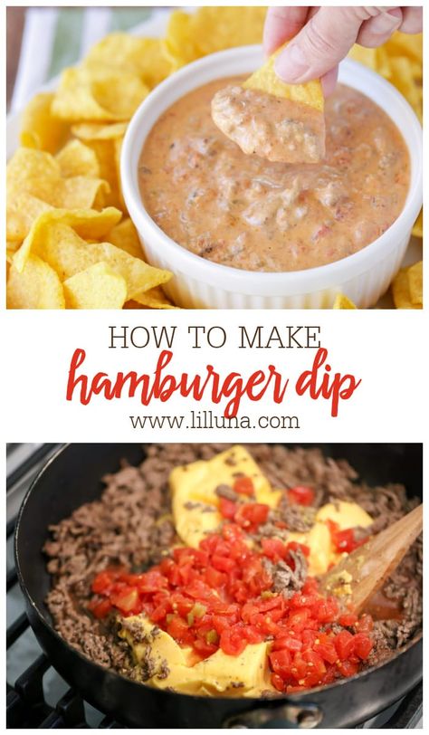 Queso Hamburger Dip, Hot Hamburger Dip, Hamburger Dip Crockpot, Hamburger Appetizers, Hamburger Dip Recipes, Cheesy Hamburger Dip, Hamburger Cheese Dips, Hamburger Dip, Football Dip