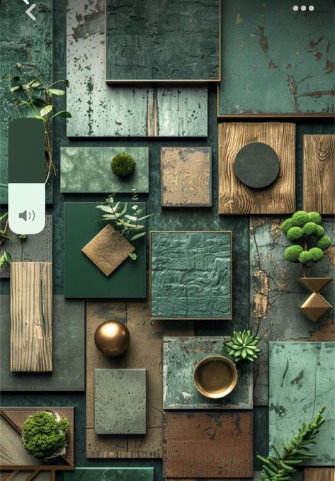 Green And Brass Color Palette, Black And Green Color Scheme, Earth Tones Mood Board, Green Branding Board, Green Earthy Aesthetic, Green Mood Board, Interior Design Materials, Materials Board, Green Branding