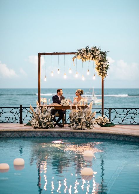 Sweetheart Table Backdrop, Ocean View Wedding, Wedding Sweetheart Table, Dreams Tulum, Destination Wedding Decor, Reception Backdrop, Dream Beach Wedding, Wedding Reception Backdrop, Sweetheart Table Wedding