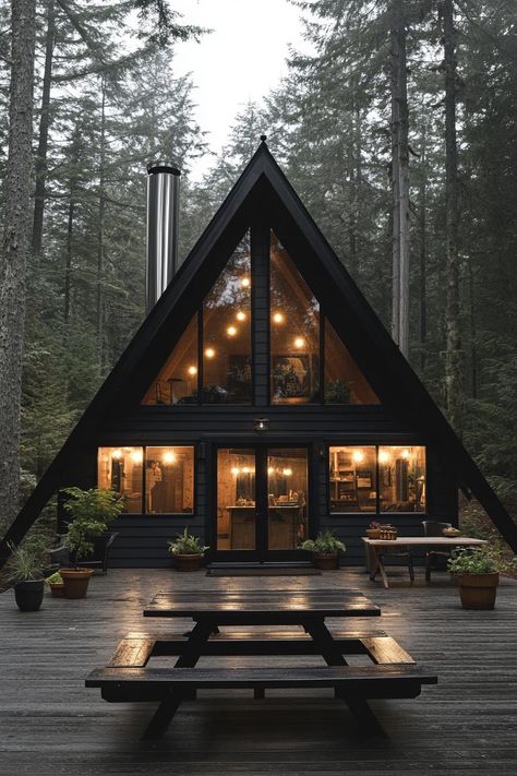 40 Jaw-Dropping Dark A-Frame Houses You Must See A Frame House Ideas, Black A Frame House, Black A Frame, Door With Glass Panels, Wood Door With Glass, Natural Wood Door, Dark Cabin, Black Siding, Adirondack Cabin