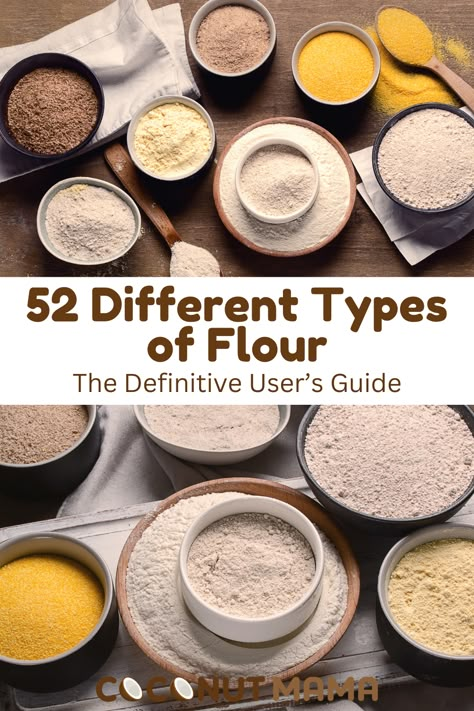 In this definitive guide, we classify flours by type and detail 52 separate flours, including their best uses and nutrition information. Flour Types And Uses, Flour Types, Different Types Of Flour, Diy Flour, Flaxseed Flour, Make Flour, How To Make Flour, Homemade Dry Mixes, Gf Flour