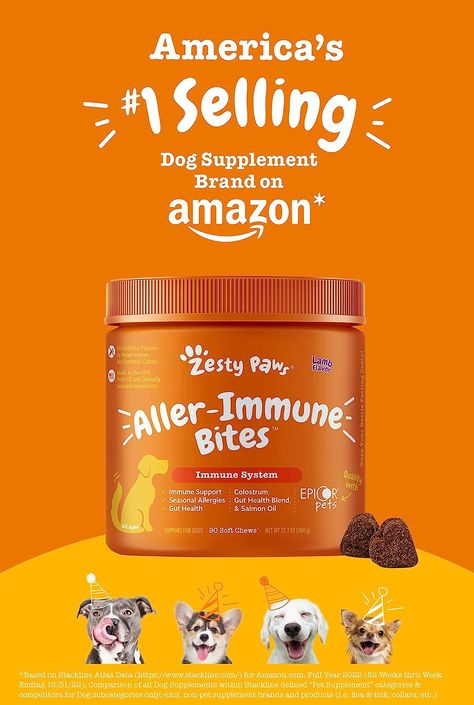 Zesty Paws Allergy Immune Supplement for Dogs - with Omega 3 Salmon Fish Oil & EpiCor Pets + Probiotics for Seasonal Allergies - Lamb - 90 Chews Dog Allergy, Probiotics For Dogs, Itchy Dog, Supplements Packaging, Dog Wellness, Dog Itching, Salmon Oil, Anti Itch, Salmon Fish