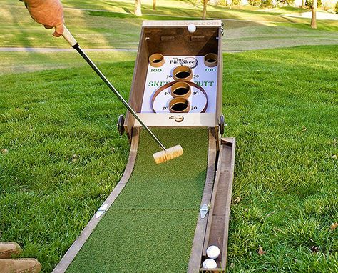 This fun game combines a golf putting green with arcade skeeball, allowing you to putt golf balls up into the scoring holes instead of rolling them by hand. Backyard Games Diy, Diy Yard Games, Golf Ball Crafts, Outside Games, Skee Ball, Miniature Golf, Wooden Games, Yard Games, Backyard Games